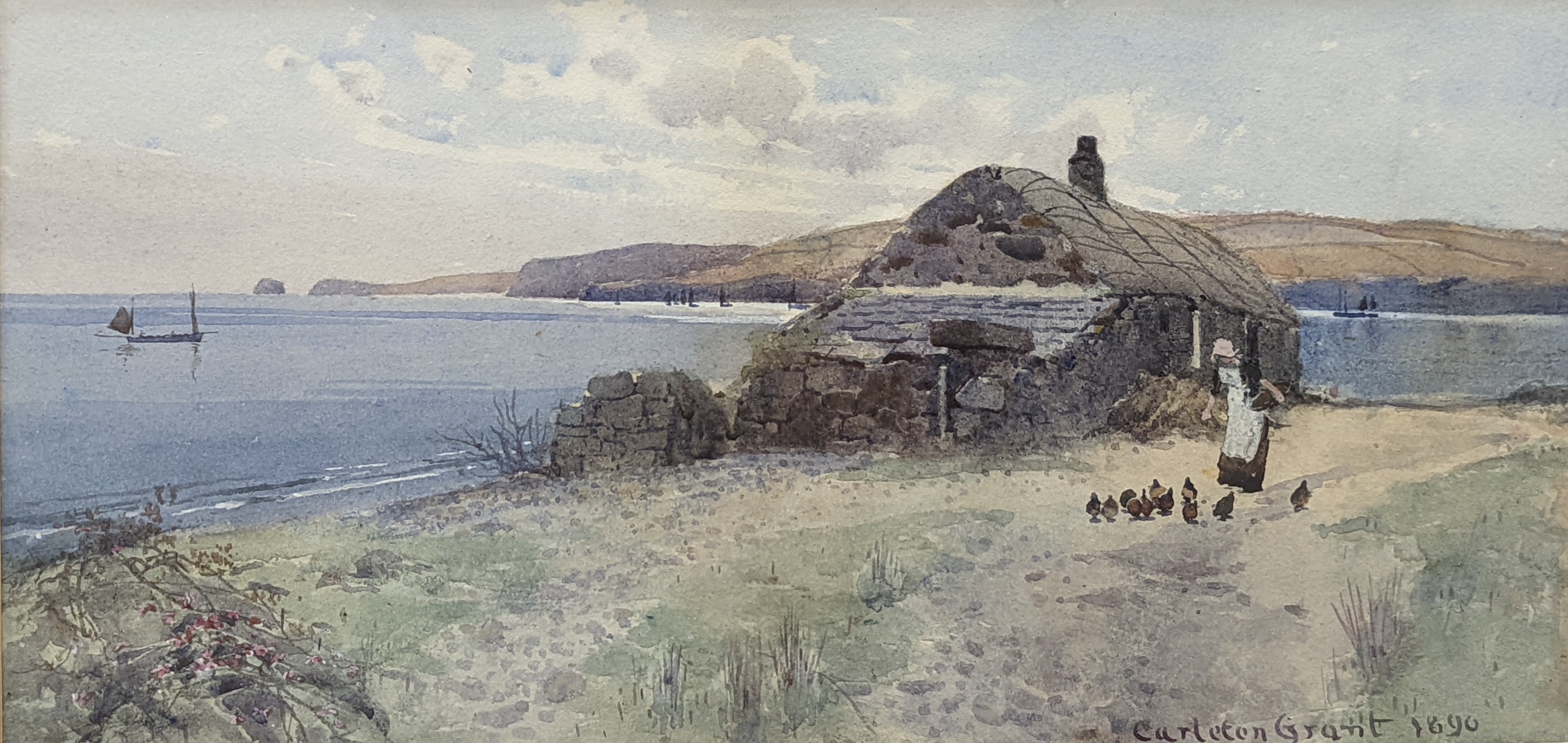 Carleton Grant, watercolour, Coastal scene with woman feeding chickens beside a cottage, signed and dated 1890, 18 x 37cm